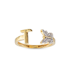 Yellow Gold Round Diamond Butterfly Initial Letter Ring