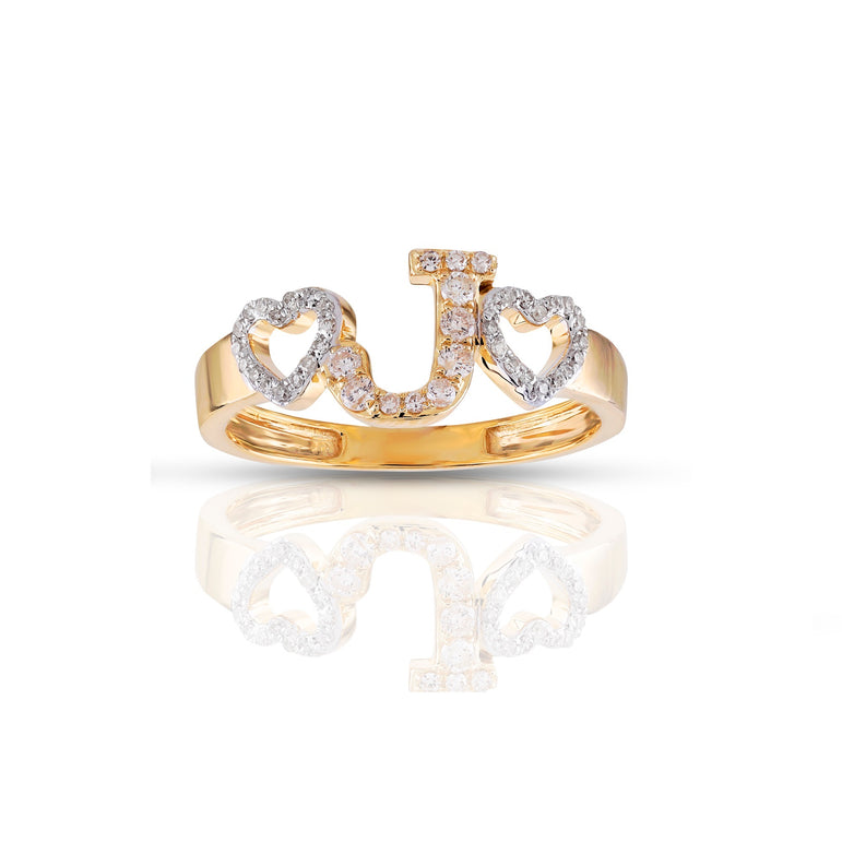 8.5mm Yellow Gold Diamond Double Heart Initial Letter Ring