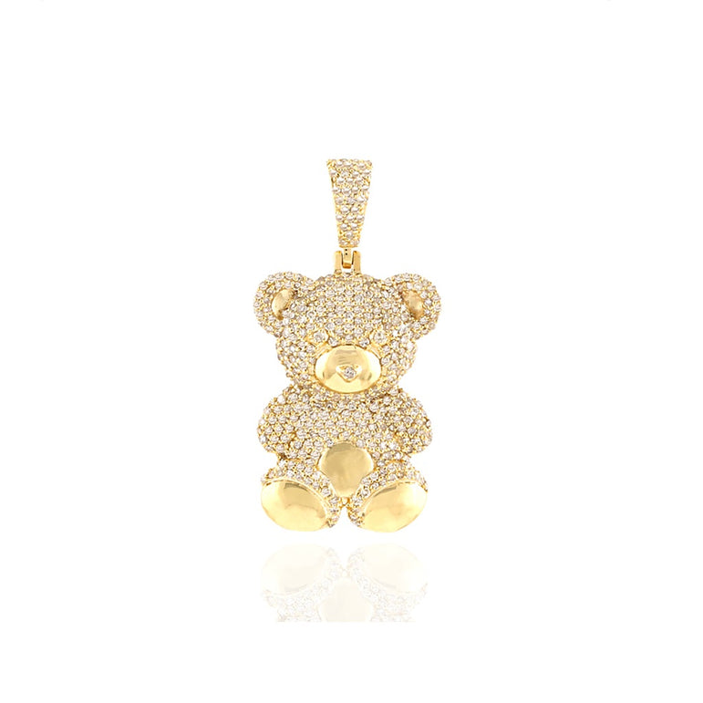 Solid 14K Yellow Gold Diamond Teddy Bear Pendant