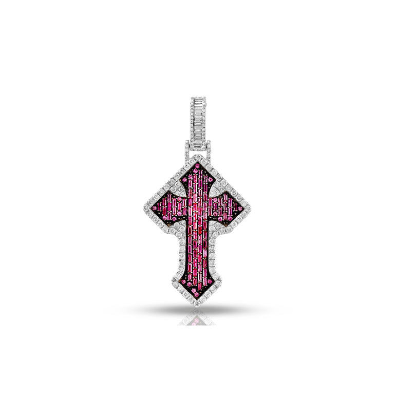 White Gold Baguette Round Diamond Cross Pendant