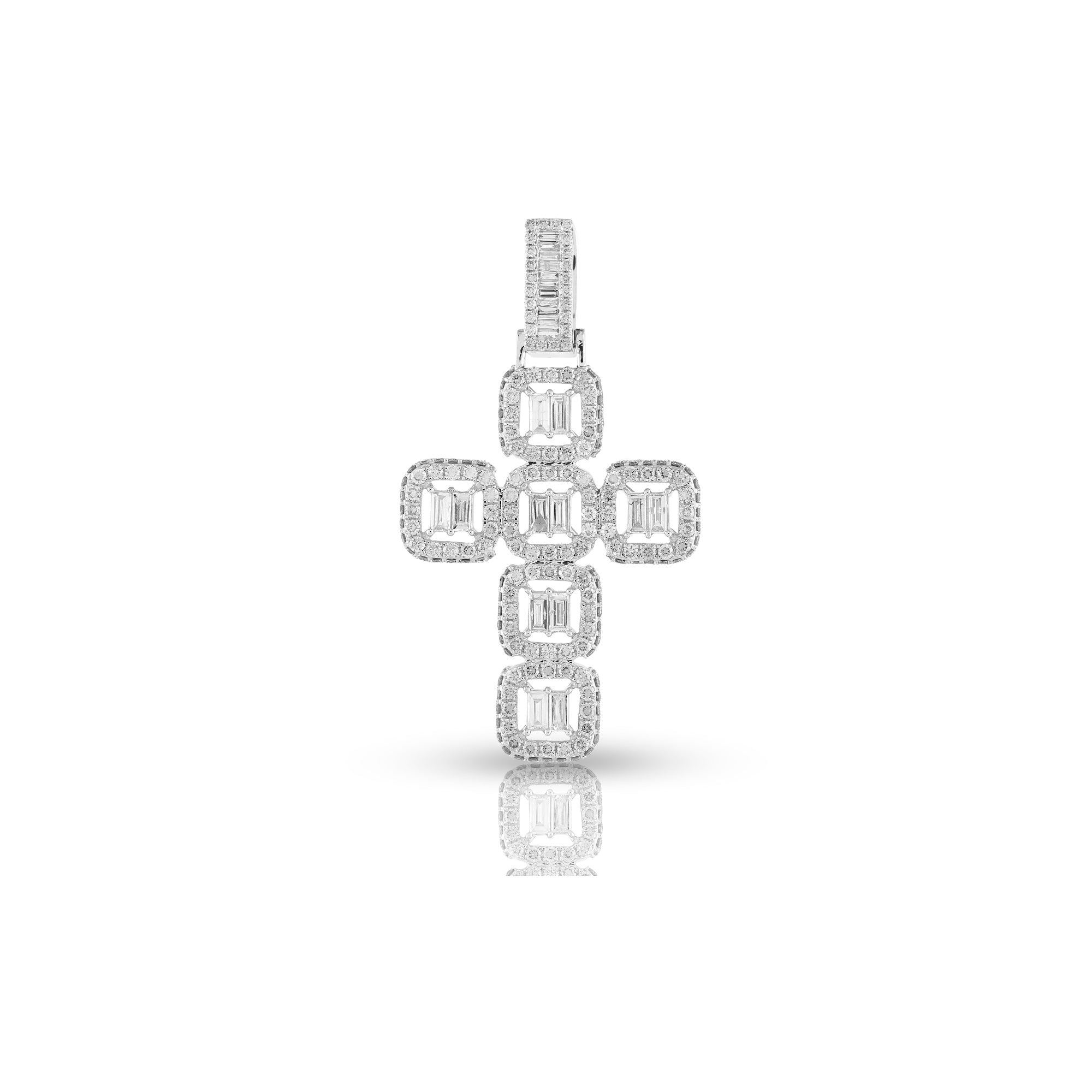 White Gold Baguette and Round Diamond Cross Pendant