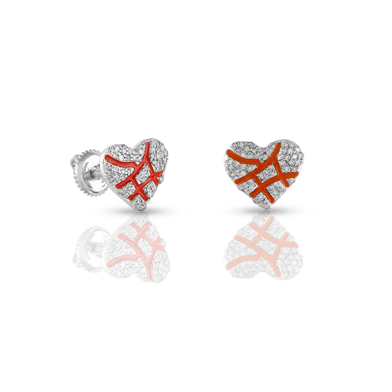 White Gold Diamond Cluster Enamel Heart Stud Earrings