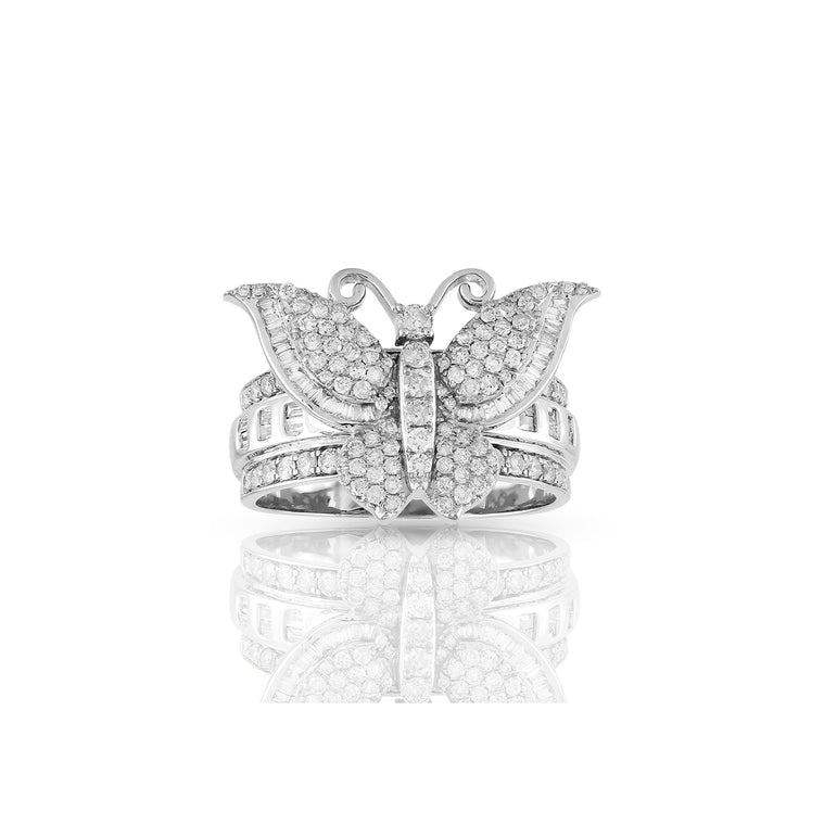 White Gold Round and Baguette Diamond Butterfly Ring