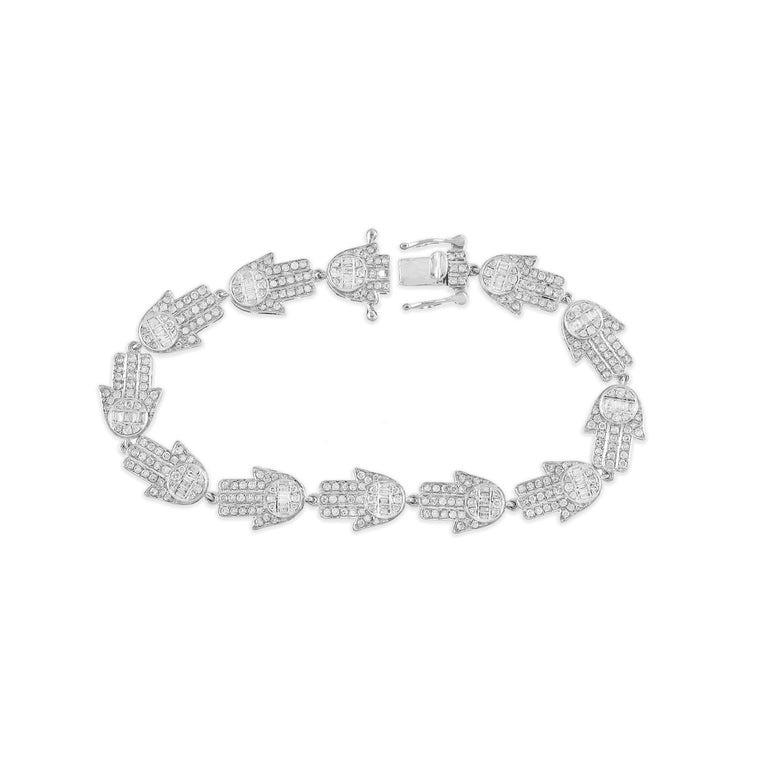 White Gold Round and Baguette Diamond Hamsa Bracelet