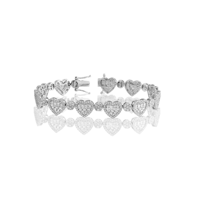 White Gold Round and Baguette Diamond Heart Bracelet