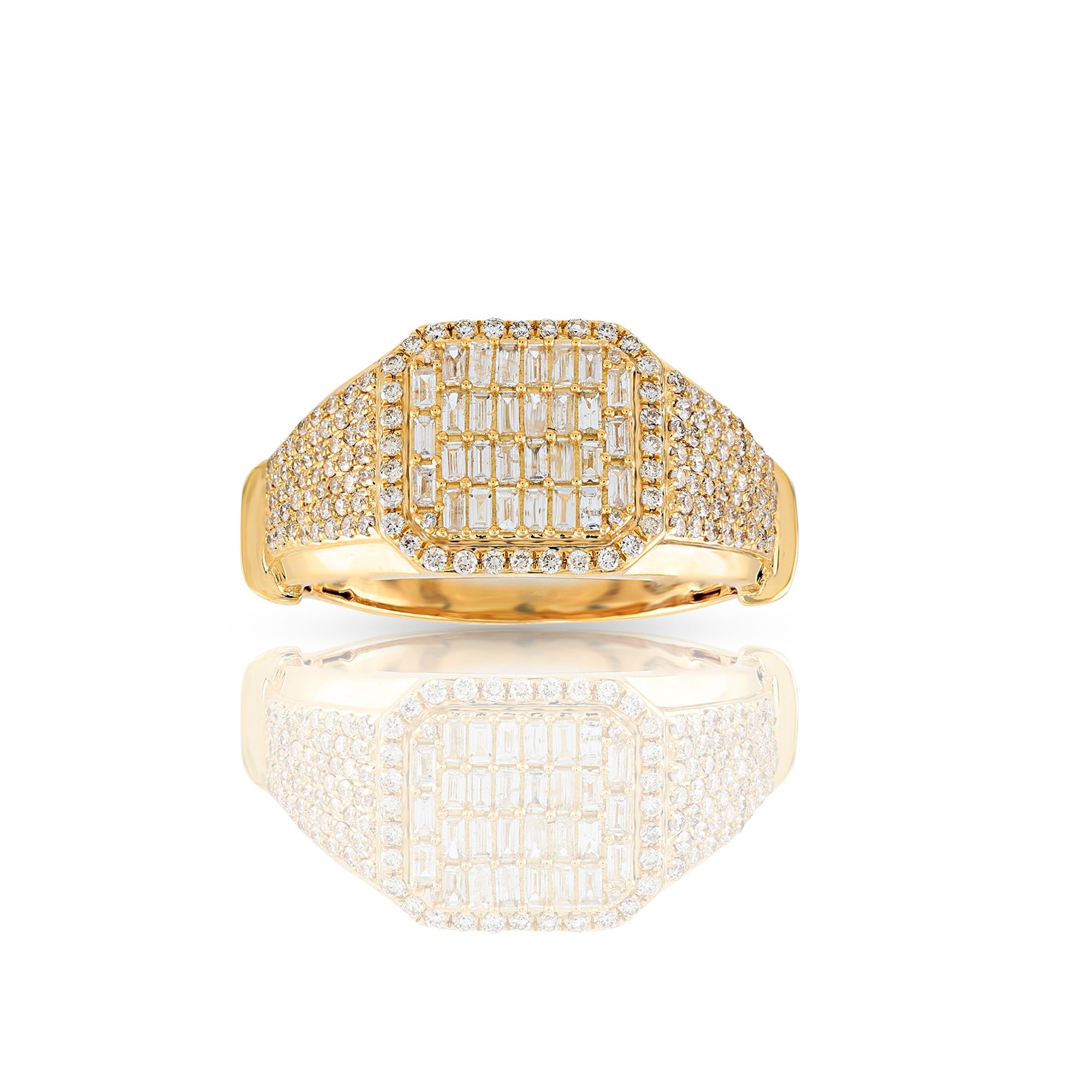 Yellow Gold Baguette Round Diamond Cluster Men's Ring