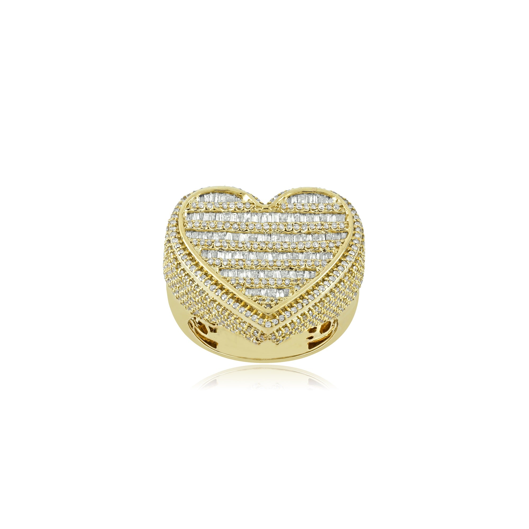 Yellow Gold Baguette and Round Diamond Cluster Heart Ring