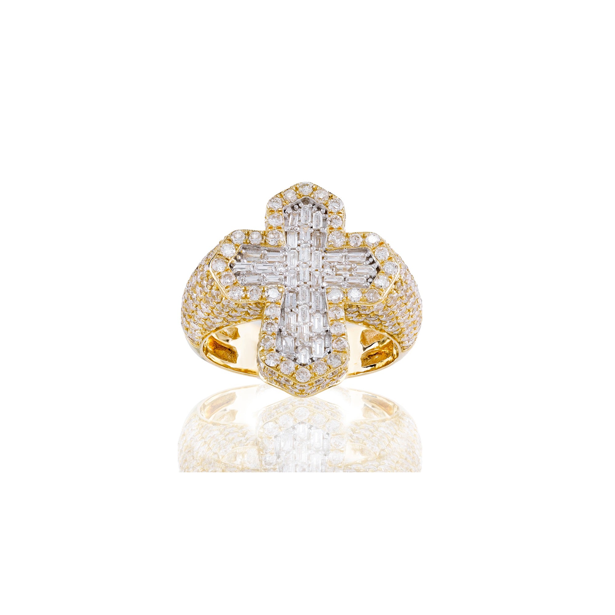 Yellow Gold Baguette and Round Diamond Cross Ring