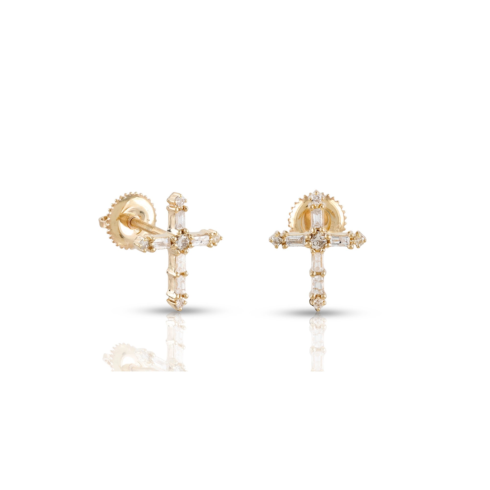 Yellow Gold Baguette and Round Diamond Cross Stud Earrings