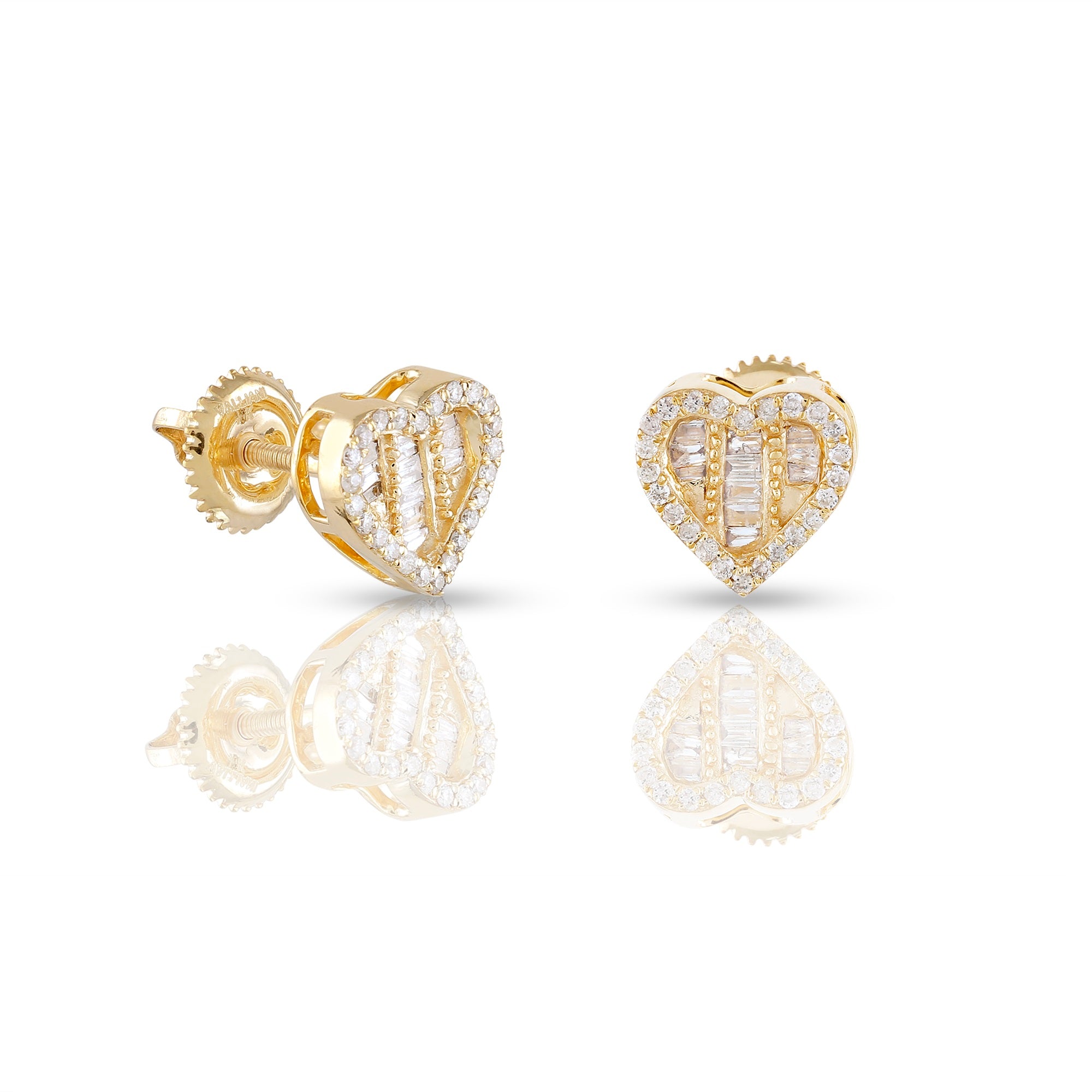 Yellow Gold Baguette and Round Diamond Heart Stud Earring