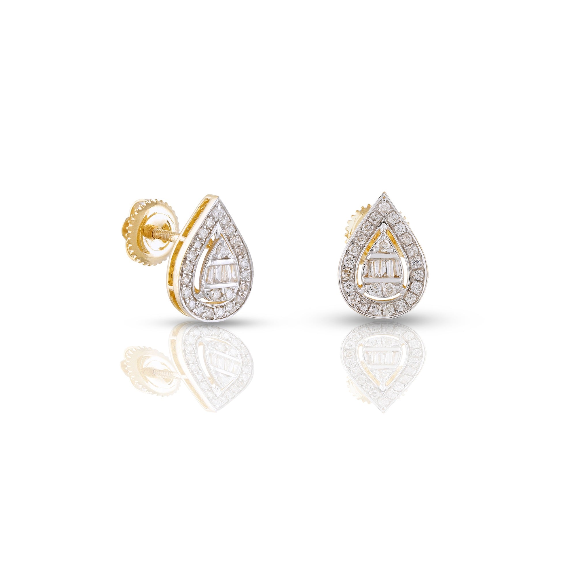 Yellow Gold Baguette and Round Diamond Pear Shape Earrings