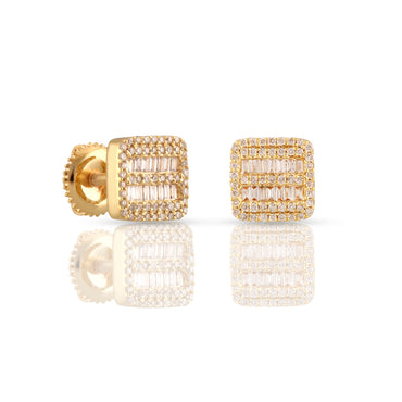 Yellow Gold Baguette and Round Diamond Square Earrings