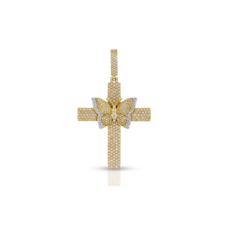 Yellow Gold Diamond Cluster Butterfly Cross Pendant