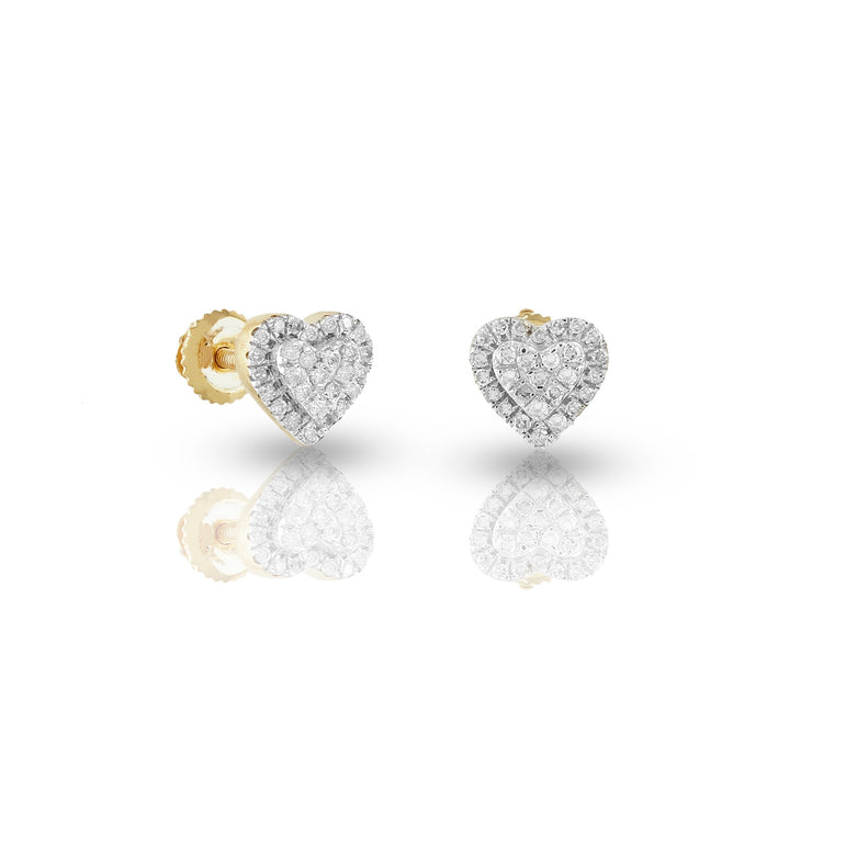 Yellow Gold Diamond Cluster Double Heart Stud Earrings