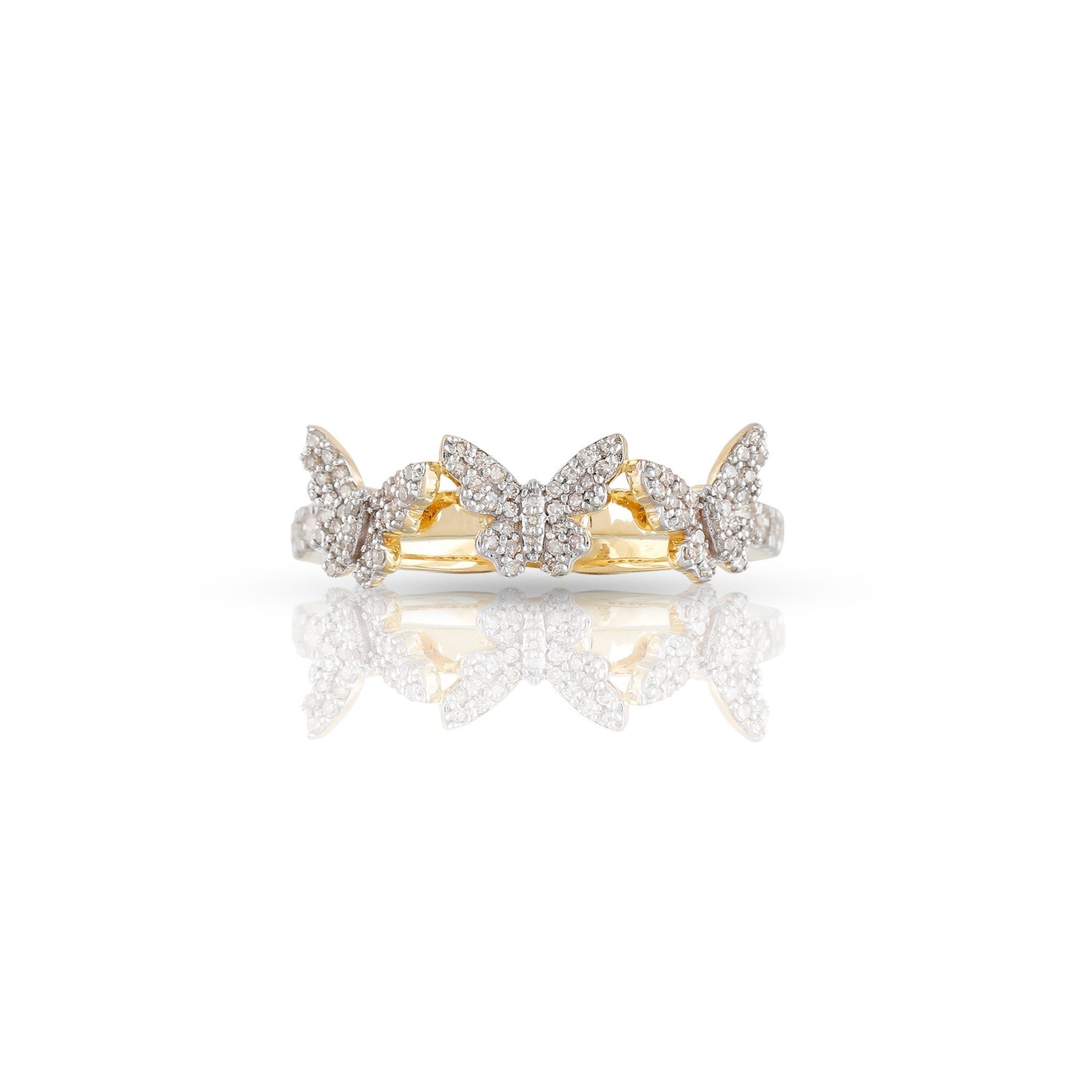 Yellow Gold Pave Diamond Triple Butterfly Ring