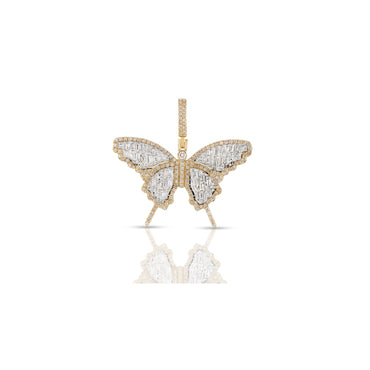 Yellow Gold Round Baguette Diamond Butterfly Pendant