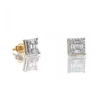 Yellow Gold Round Baguette Diamond Square Stud Earrings