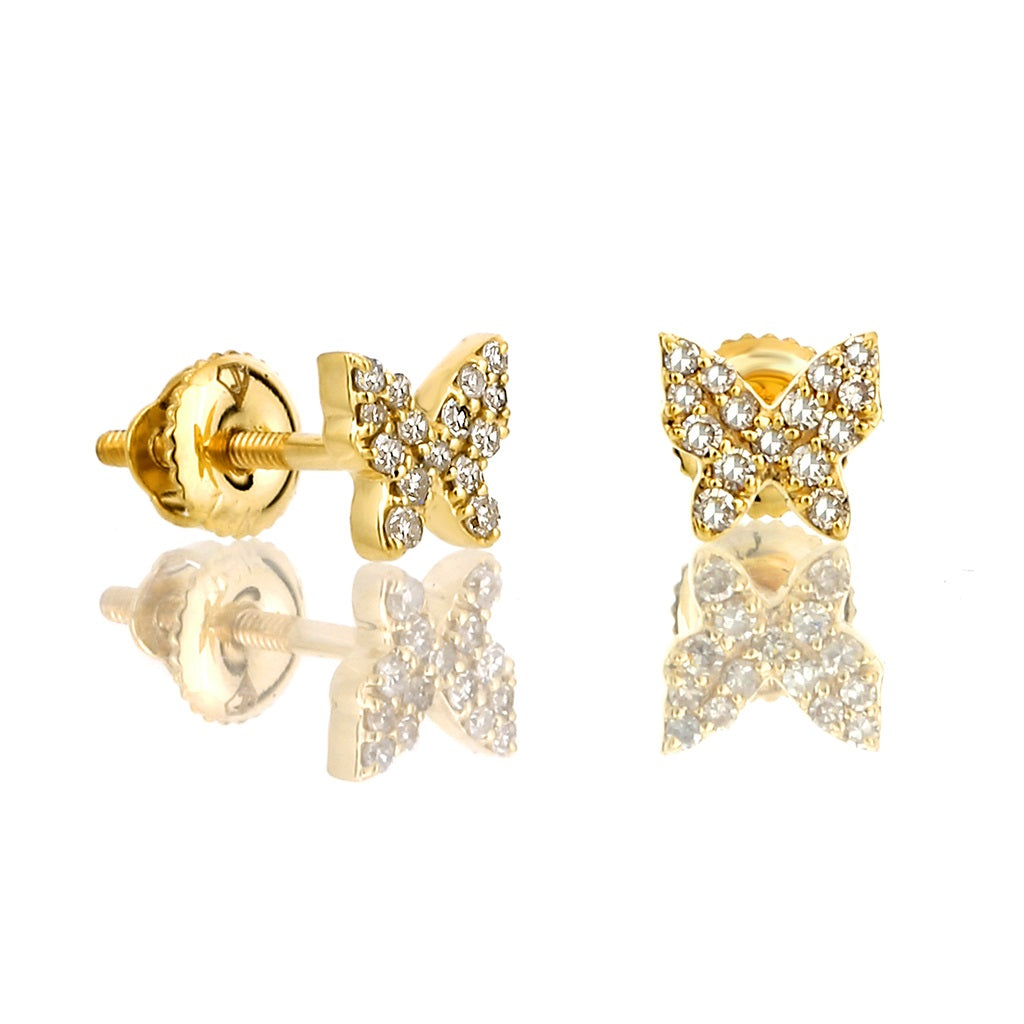 Yellow Gold Round Diamond Butterfly Stud Earrings