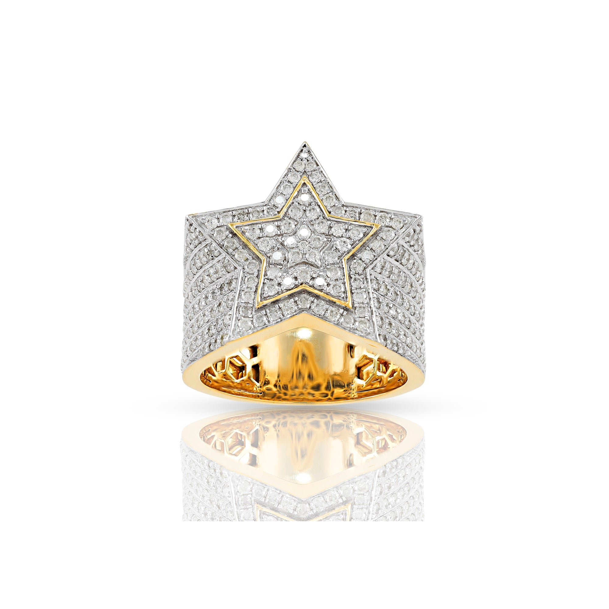 Yellow Gold Round Diamond Cluster Men's Star Ring