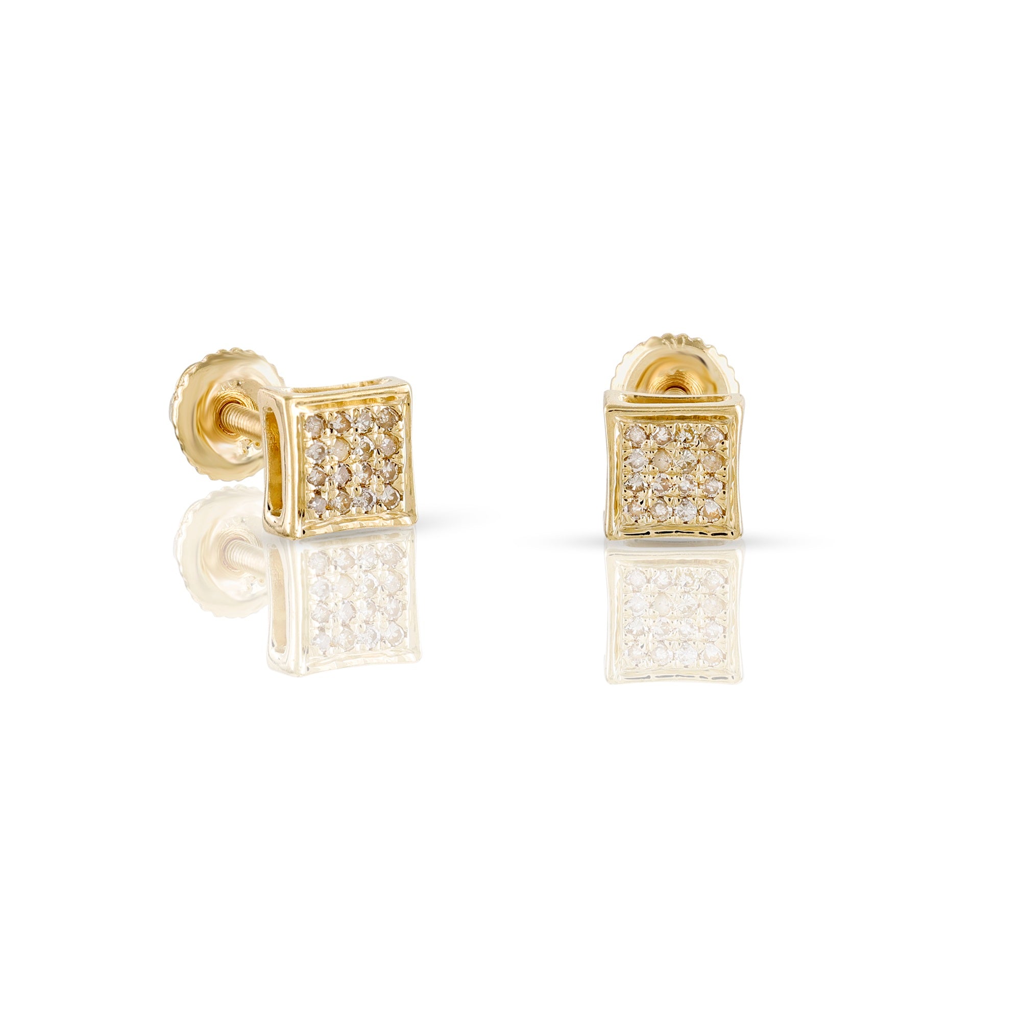 Yellow Gold Round Diamond Cluster Square Stud Earrings