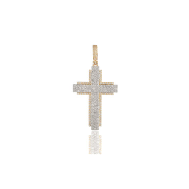 Yellow Gold Round Diamond Double Layer Cross Pendant