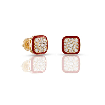 Yellow Gold Round Diamond Enamel Square Earrings