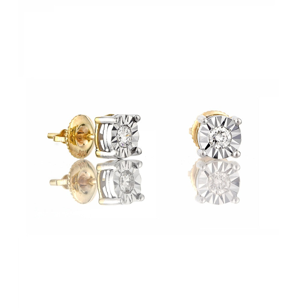 Yellow Gold Round Diamond Illusion Stud Earrings