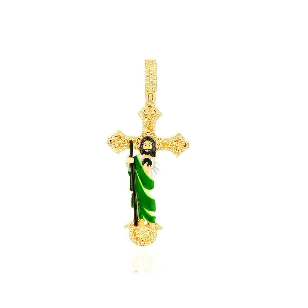 Yellow Gold Round Diamond Jesus Cross Pendant