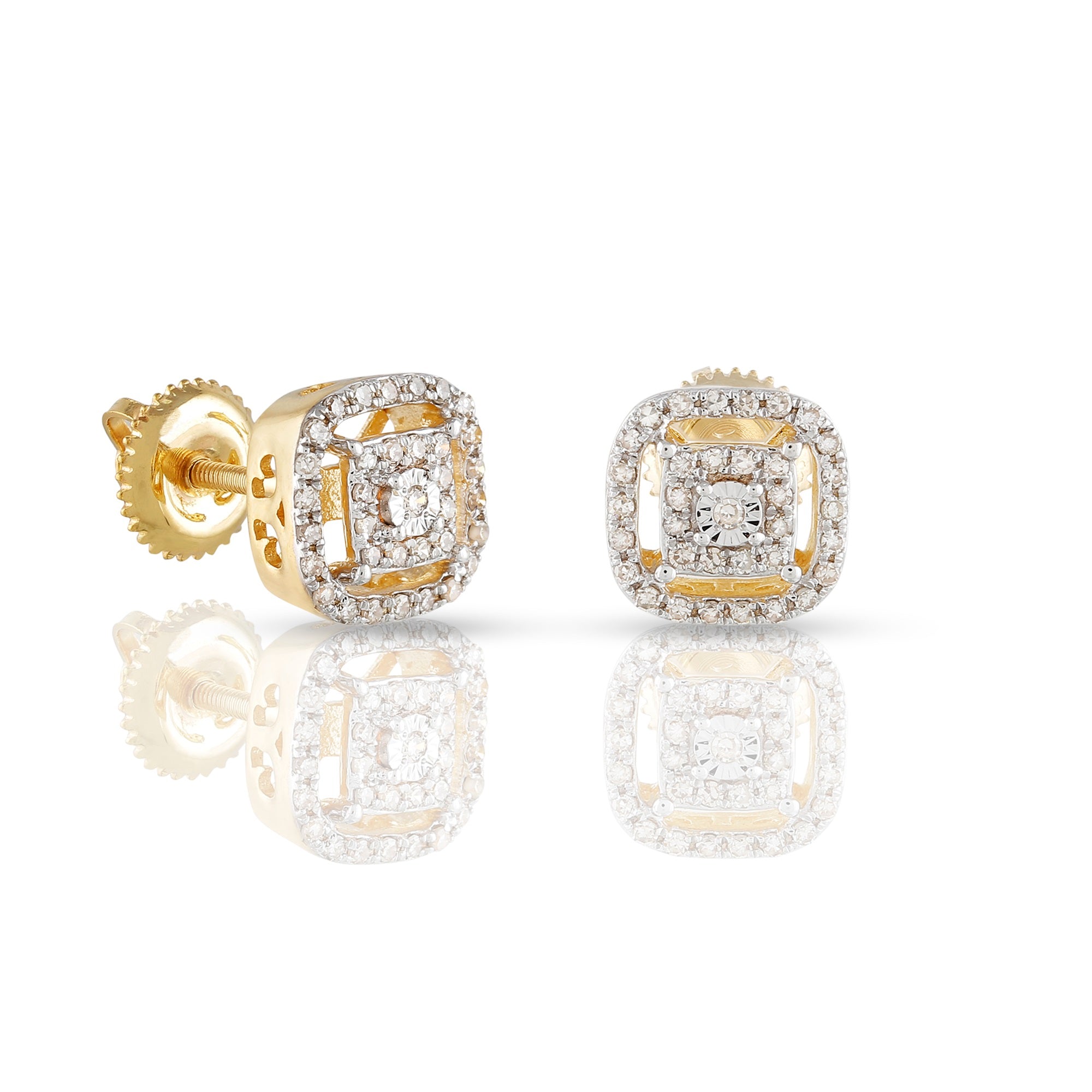 Yellow Gold Round Diamond Square Halo Stud Earrings