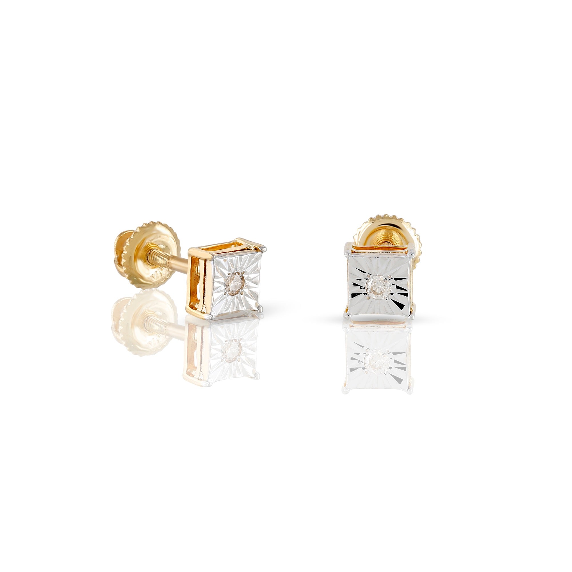 Yellow Gold Round Diamond Square Stud Earrings