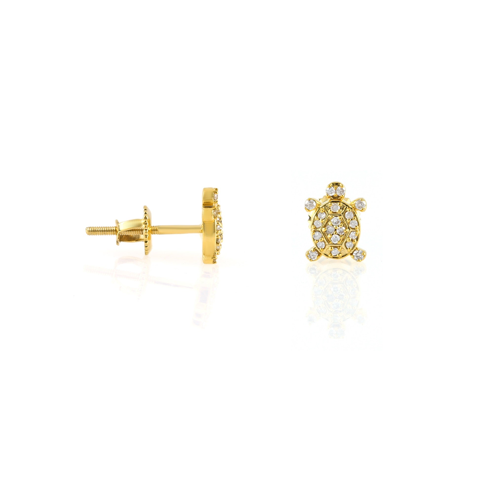 Yellow Gold Round Diamond Turtle Stud Earrings