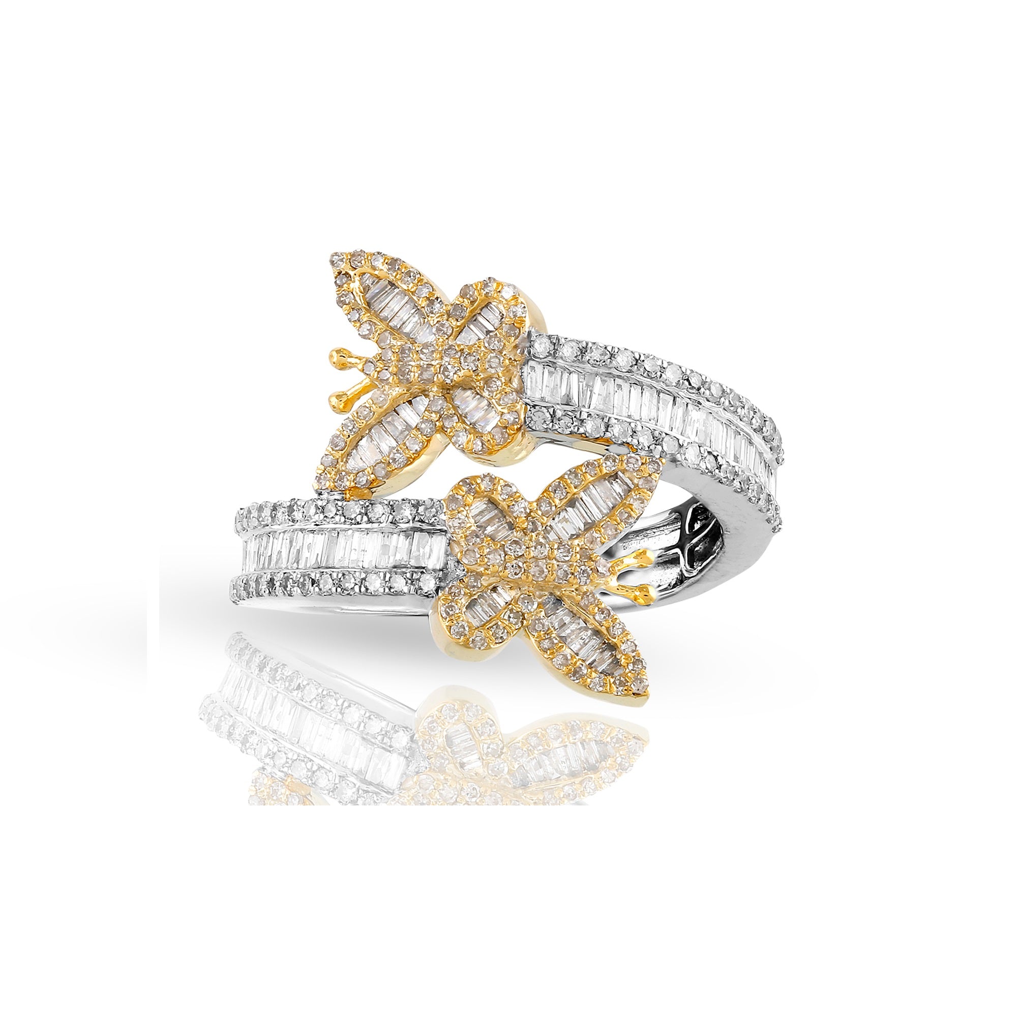 Yellow Gold Round and Baguette Diamond Butterfly Cuff Ring