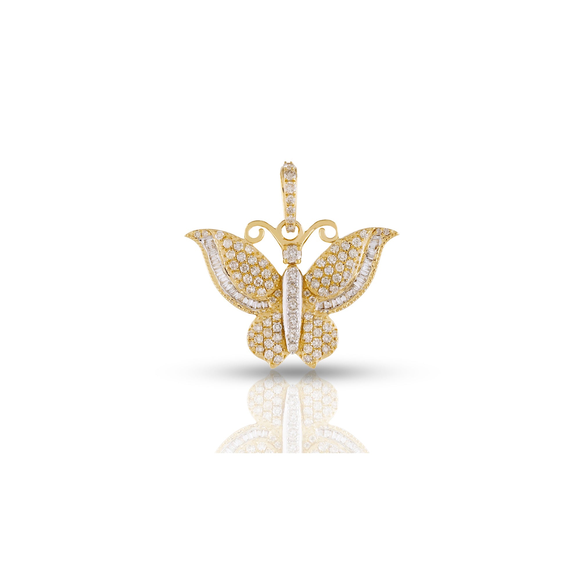 Yellow Gold Round and Baguette Diamond Butterfly Pendant