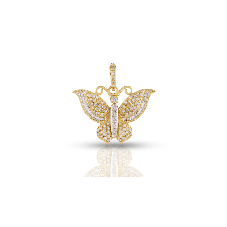 Yellow Gold Round and Baguette Diamond Butterfly Pendant