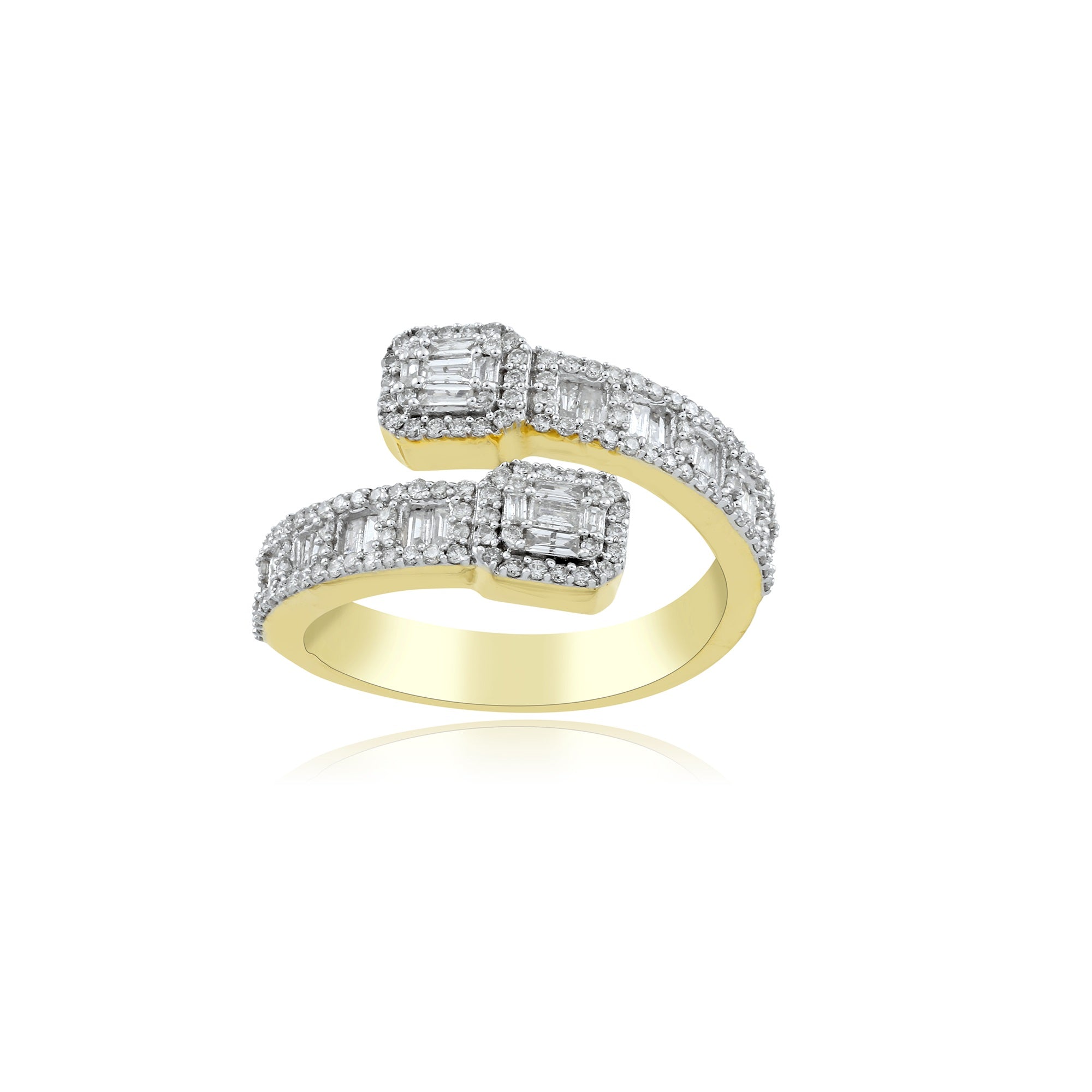 Yellow Gold Round and Baguette Diamond Cuff Ring