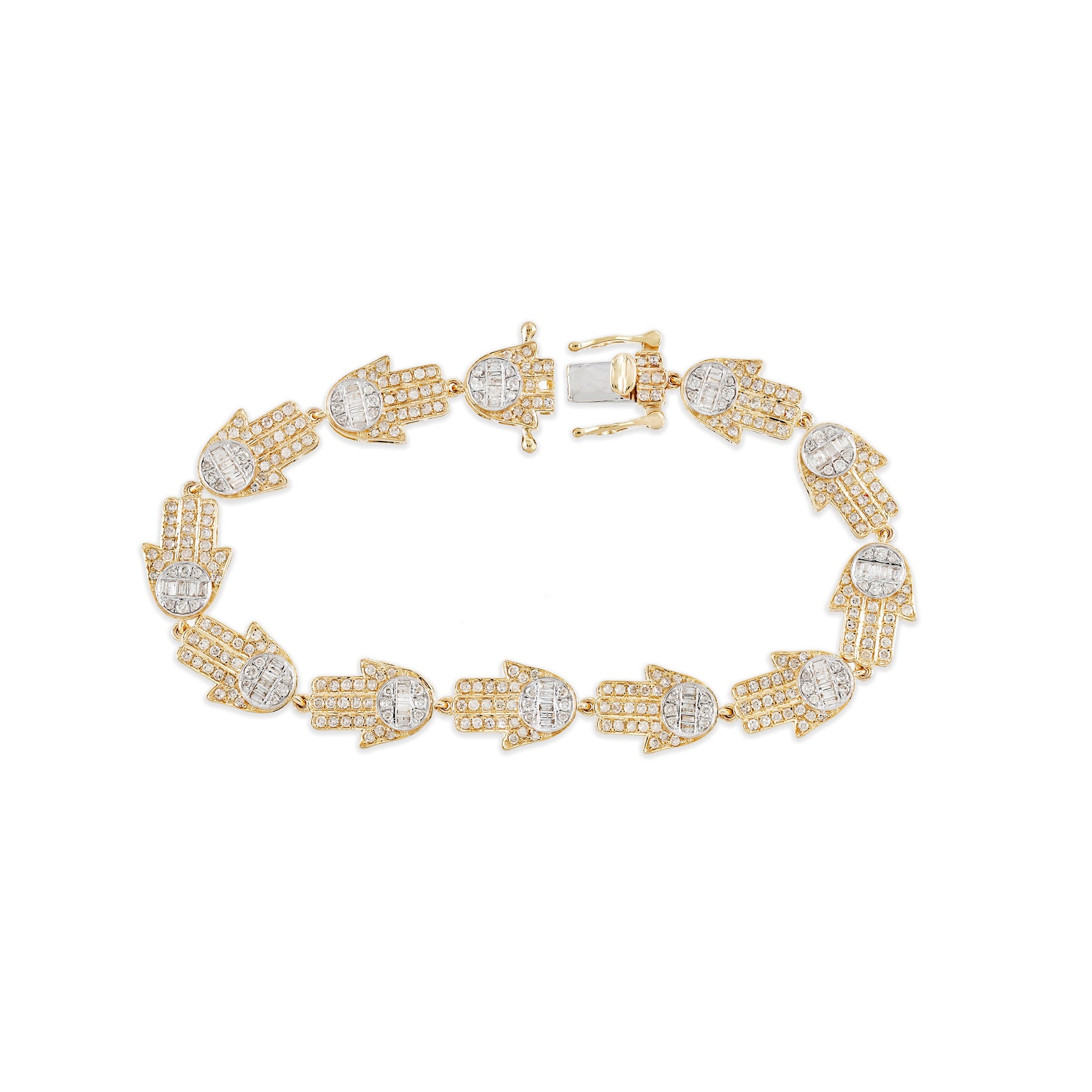 Yellow Gold Round and Baguette Diamond Hamsa Bracelet