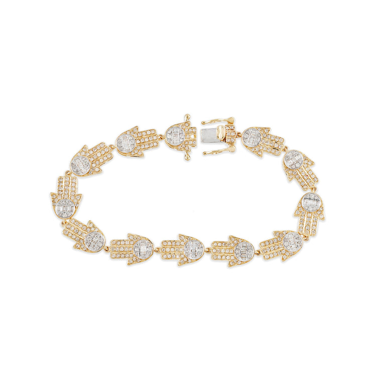 Yellow Gold Round and Baguette Diamond Hamsa Bracelet