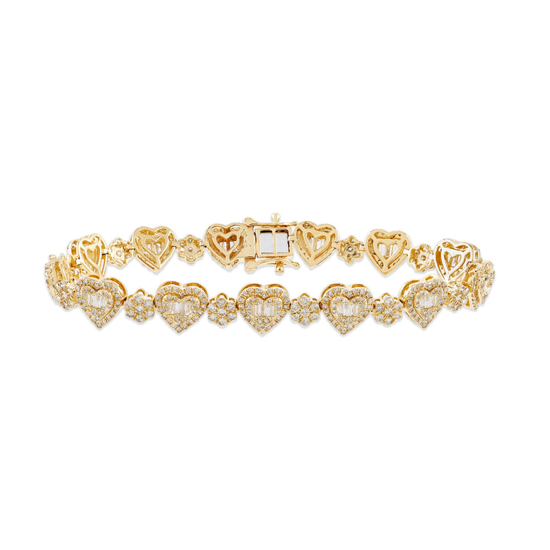 Yellow Gold Round and Baguette Diamond Heart Bracelet