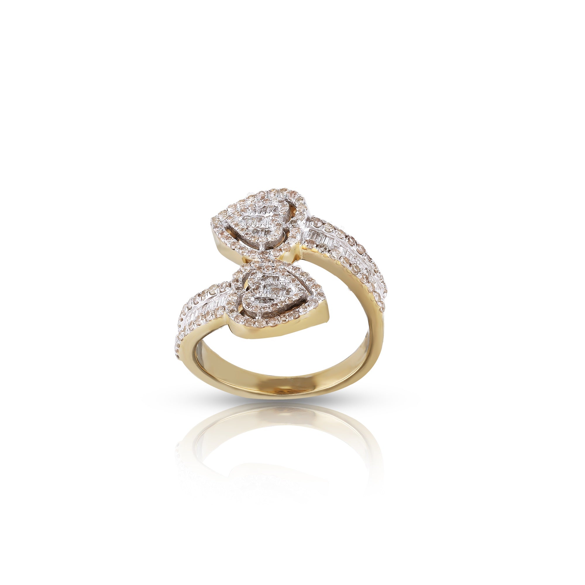 Yellow Gold Round and Baguette Diamond Heart Cuff Ring