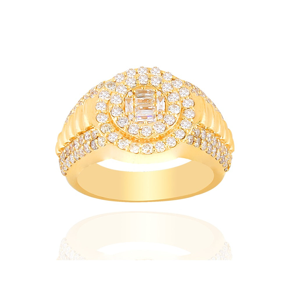 Yellow Gold Round and Baguette Diamond Men's Ring