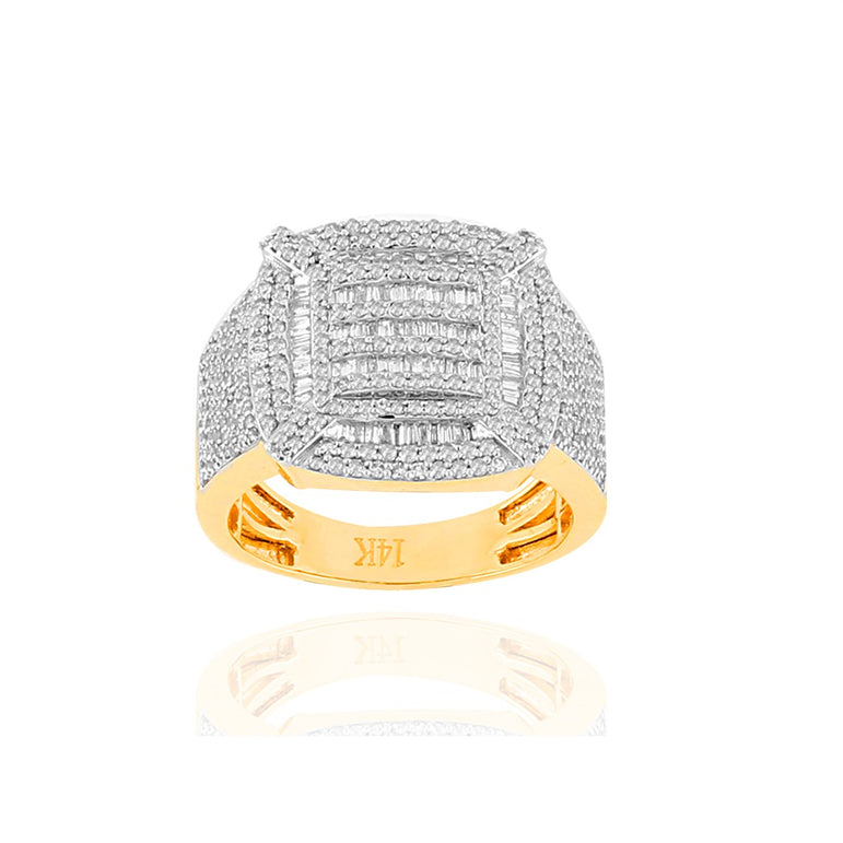 Yellow Gold Round and Baguette Diamond Square Ring