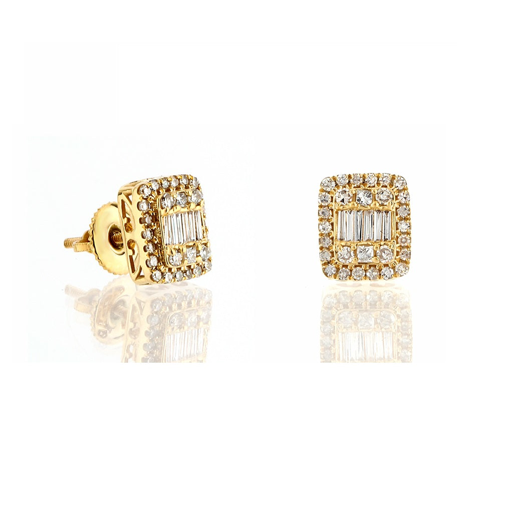 Yellow Gold Round and Baguette Diamond Square Stud Earrings