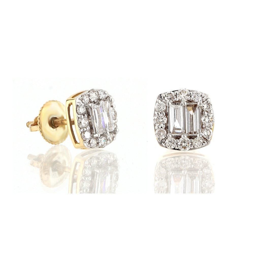 Yellow Gold Round and Baguette Diamond Stud Earrings