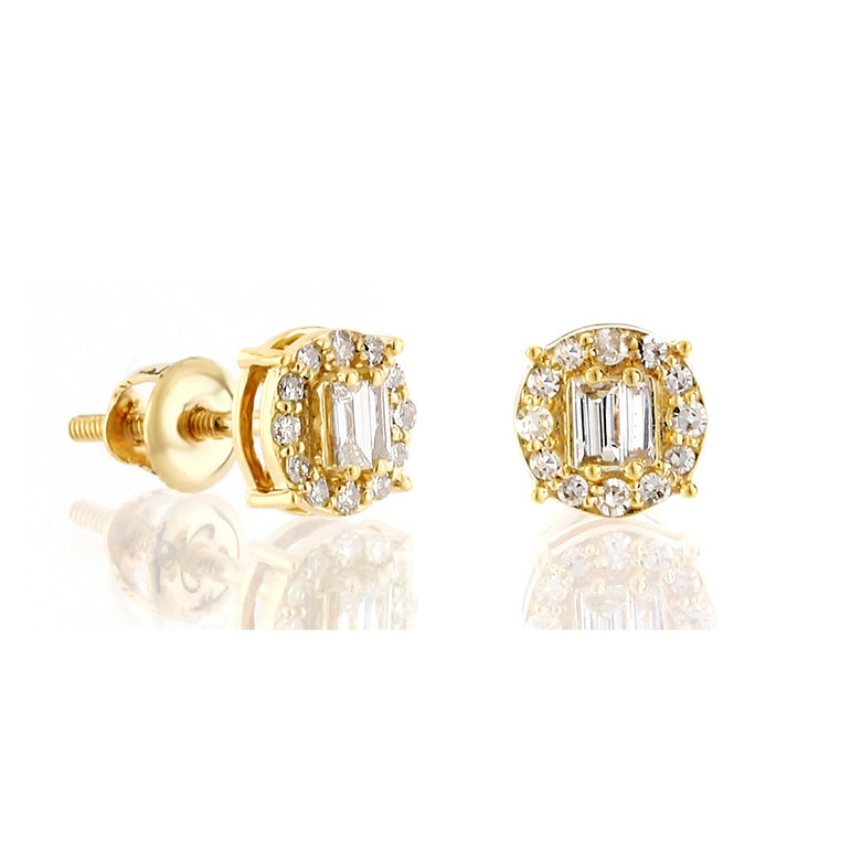 Yellow Gold Round and Baguette Diamond Stud Earrings