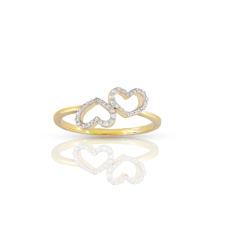 Yellow Gold Round Diamond Double Heart Ring For Women's