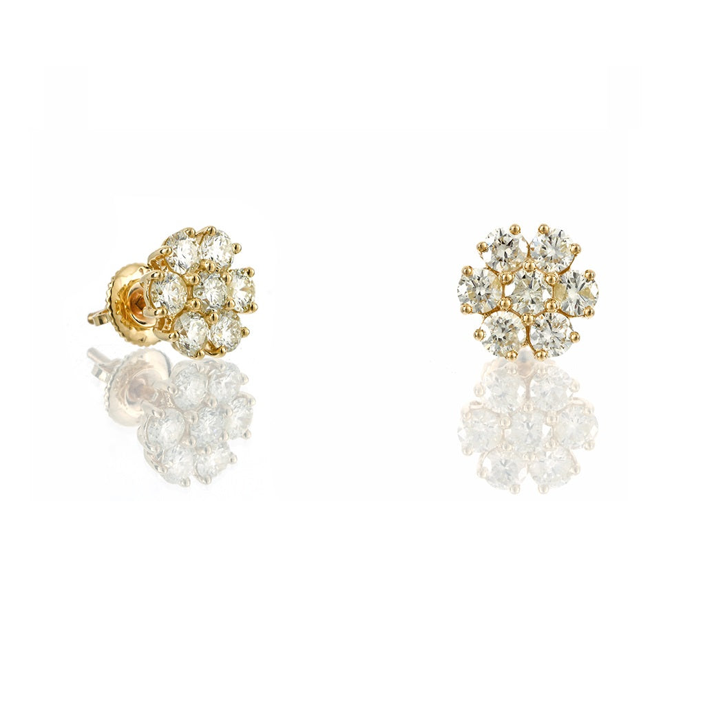 14K Yellow Gold Round Diamond Flower Studs Earrings