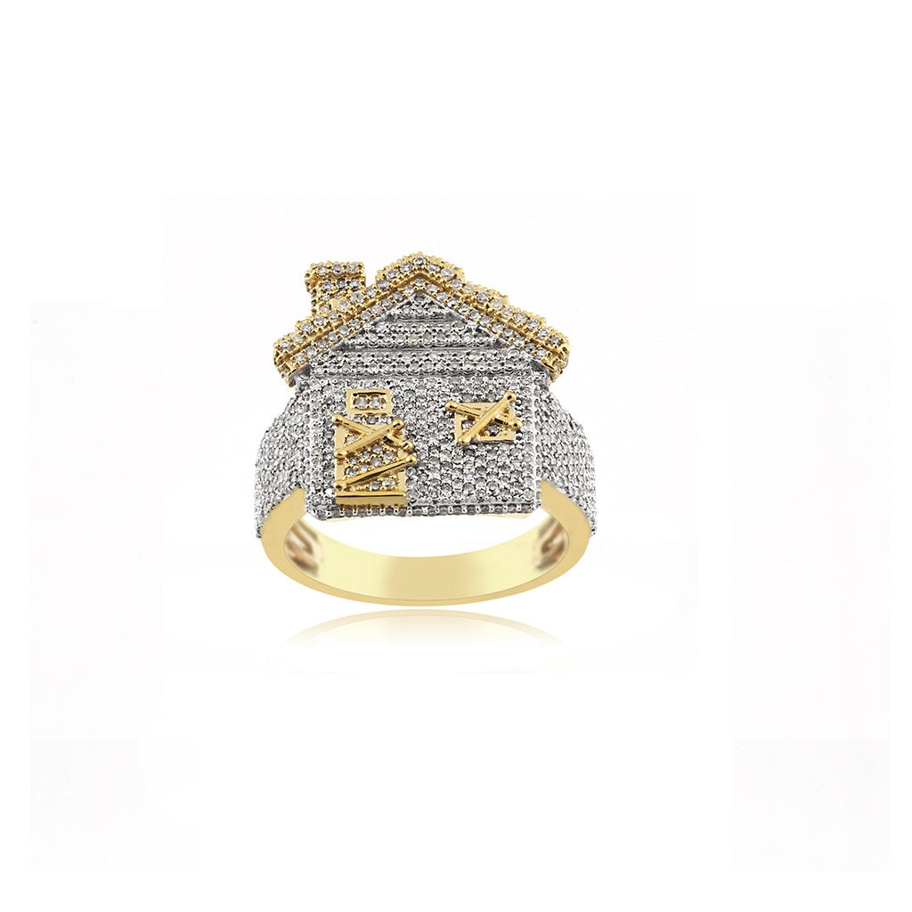 20.5mm Yellow Gold Trap House Diamond Ring