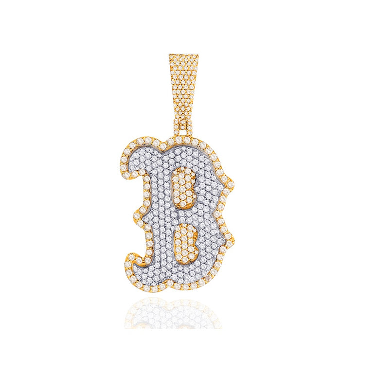 "B" Yellow Gold Round Diamond Initial Letter Pendant