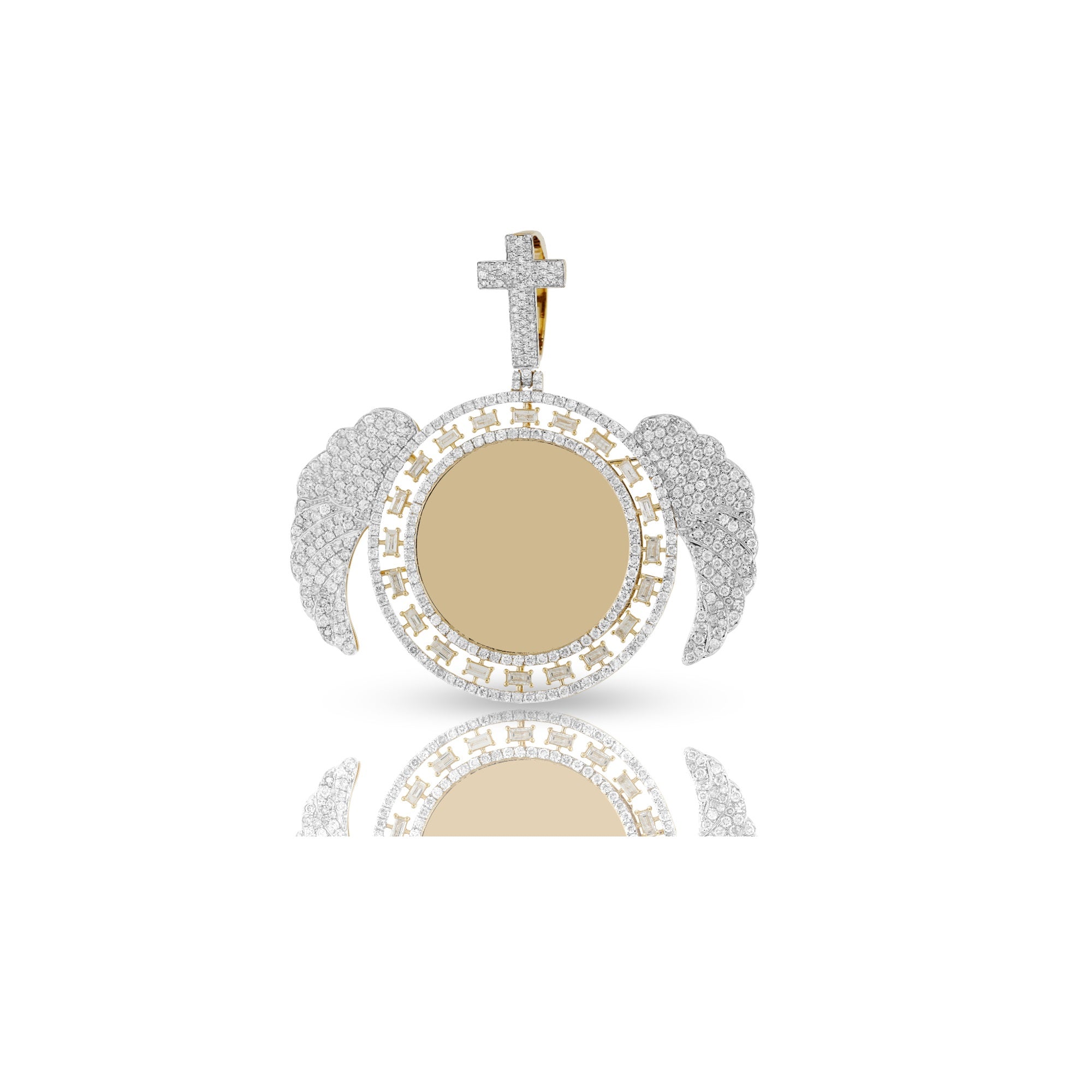 Yellow Gold Round and Baguette Diamond Angel Picture Pendant