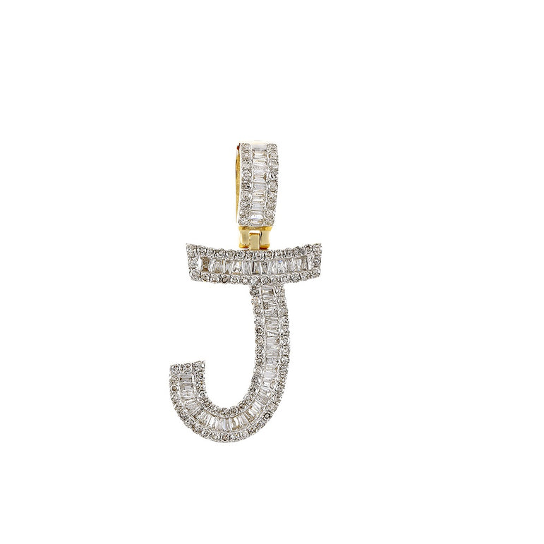 Yellow Gold Round and Baguette Diamond Initial Pendant